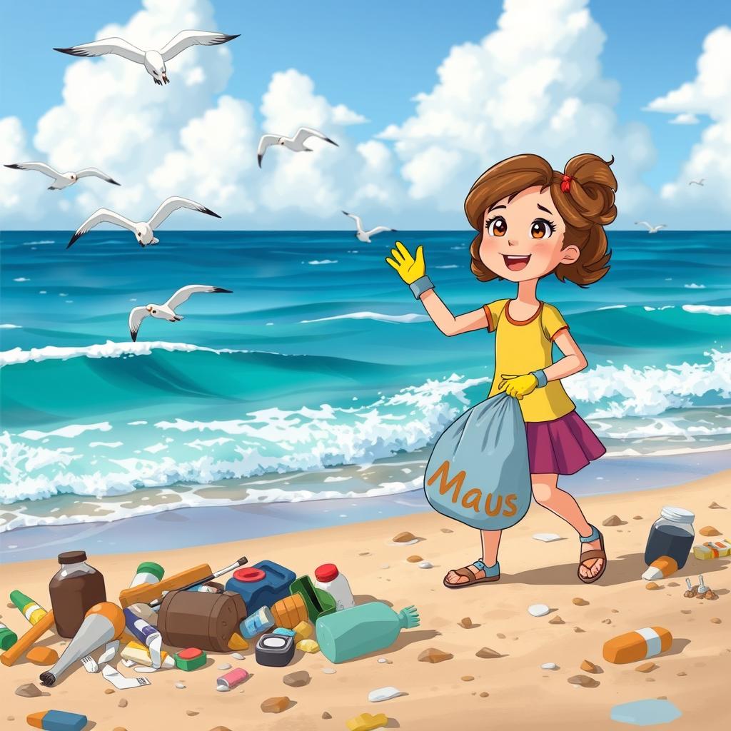 An animated illustration of a young girl named Sofia, energetically cleaning a polluted beach