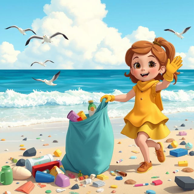 An animated illustration of a young girl named Sofia, energetically cleaning a polluted beach