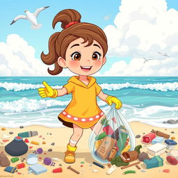 An animated illustration of a young girl named Sofia, energetically cleaning a polluted beach