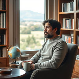 A thoughtful man in his early 40s, with medium-length dark hair and a beard, seated in a comfortable, modern chair in a well-decorated study