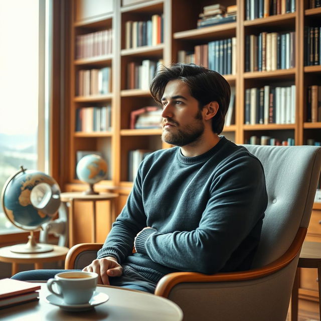 A thoughtful man in his early 40s, with medium-length dark hair and a beard, seated in a comfortable, modern chair in a well-decorated study