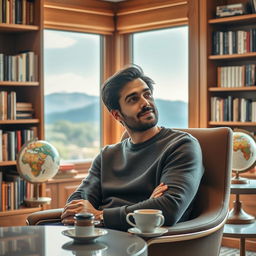 A thoughtful man in his early 40s, with medium-length dark hair and a beard, seated in a comfortable, modern chair in a well-decorated study