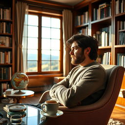 A thoughtful man in his early 40s, with medium-length dark hair and a beard, seated in a comfortable, modern chair in a well-decorated study