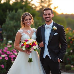 A beautiful bride in a flowing white gown adorned with intricate lace, holding a bouquet of vibrant flowers