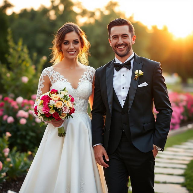 A beautiful bride in a flowing white gown adorned with intricate lace, holding a bouquet of vibrant flowers