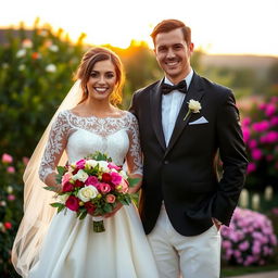 A beautiful bride in a flowing white gown adorned with intricate lace, holding a bouquet of vibrant flowers