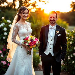 A beautiful bride in a flowing white gown adorned with intricate lace, holding a bouquet of vibrant flowers