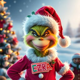 A whimsical pink Grinch character wearing a festive Christmas outfit, complete with a Santa hat and embellished with holiday decorations