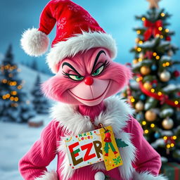 A whimsical pink Grinch character wearing a festive Christmas outfit, complete with a Santa hat and embellished with holiday decorations
