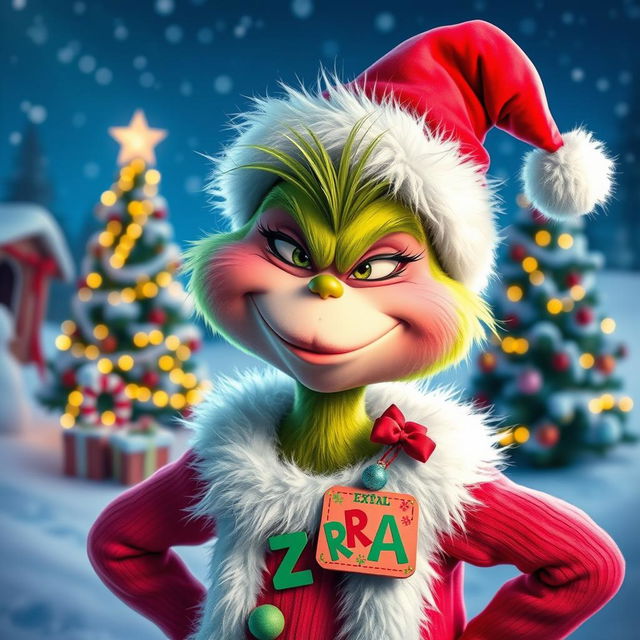 A whimsical pink Grinch character wearing a festive Christmas outfit, complete with a Santa hat and embellished with holiday decorations