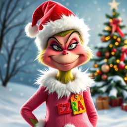 A whimsical pink Grinch character wearing a festive Christmas outfit, complete with a Santa hat and embellished with holiday decorations