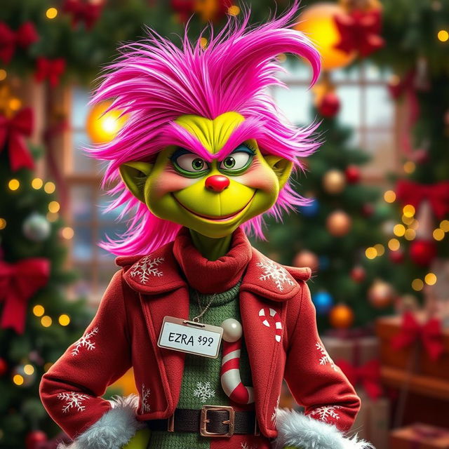 A whimsical and colorful character resembling a grinch with vibrant pink hair, wearing a festive Christmas outfit that combines classic grinch style with contemporary fashion elements