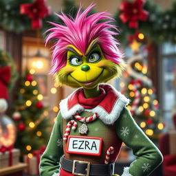 A whimsical and colorful character resembling a grinch with vibrant pink hair, wearing a festive Christmas outfit that combines classic grinch style with contemporary fashion elements