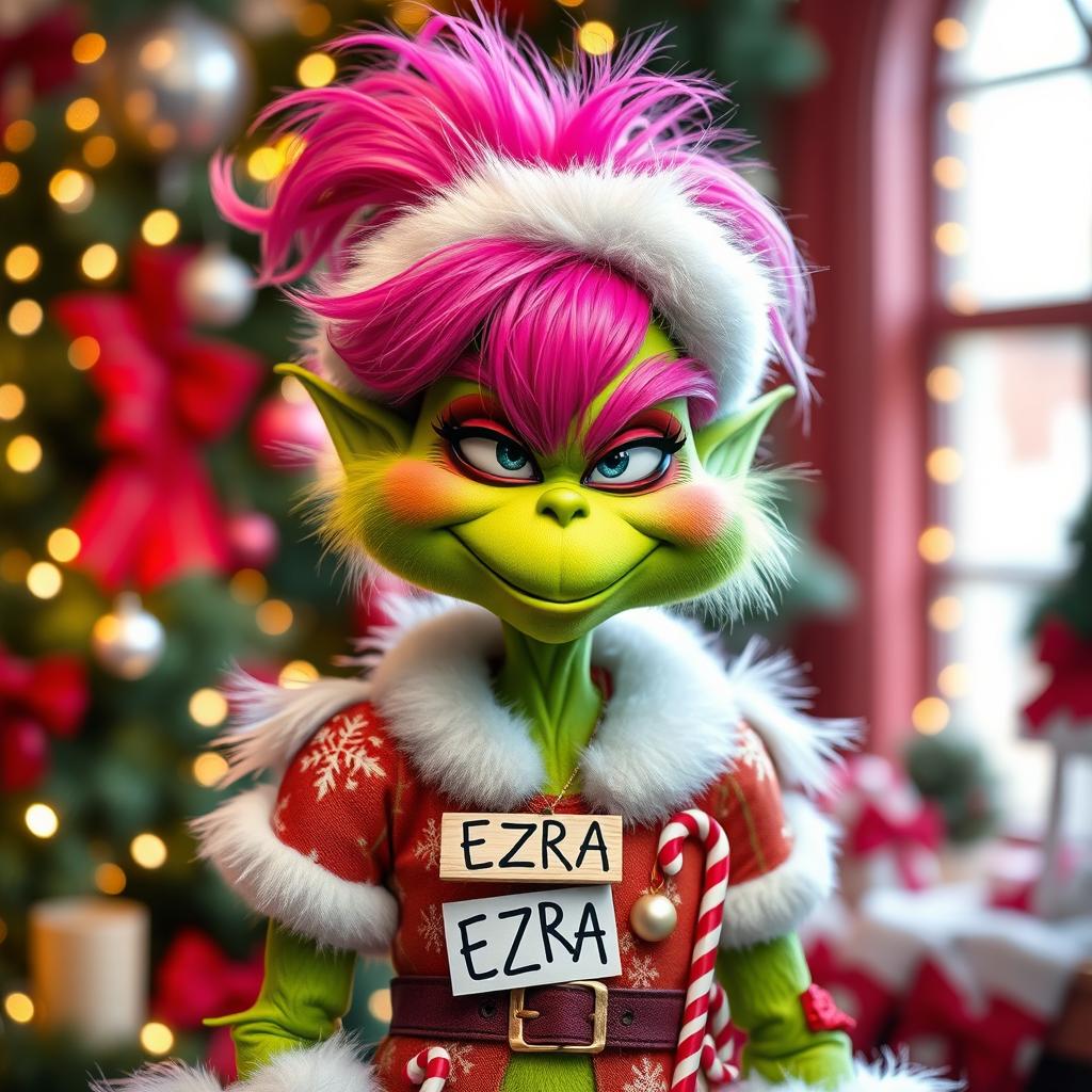 A whimsical and colorful character resembling a grinch with vibrant pink hair, wearing a festive Christmas outfit that combines classic grinch style with contemporary fashion elements