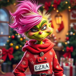 A whimsical and colorful character resembling a grinch with vibrant pink hair, wearing a festive Christmas outfit that combines classic grinch style with contemporary fashion elements
