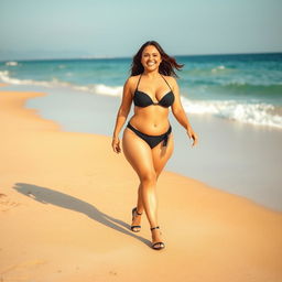 A beautiful chubby woman confidently walking along a sunny beach, wearing elegant black high heels and a stylish bikini