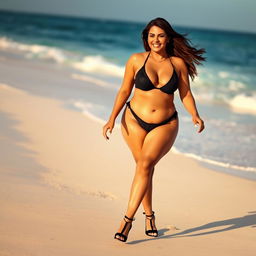 A beautiful chubby woman confidently walking along a sunny beach, wearing elegant black high heels and a stylish bikini