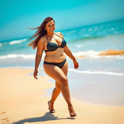 A beautiful chubby woman confidently walking along a sunny beach, wearing elegant black high heels and a stylish bikini