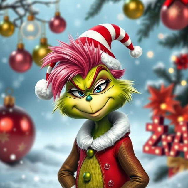 A cute Grinch character with vibrant pink hair, dressed in a festive Christmas outfit complete with a red and white striped hat and a green and red jacket