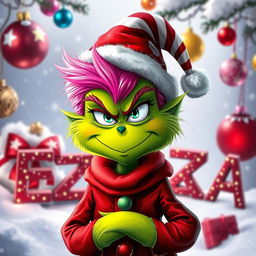 A cute Grinch character with vibrant pink hair, dressed in a festive Christmas outfit complete with a red and white striped hat and a green and red jacket