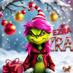 A cute Grinch character with vibrant pink hair, dressed in a festive Christmas outfit complete with a red and white striped hat and a green and red jacket