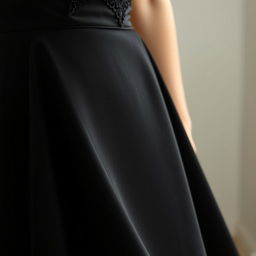 A close-up of an elegant black dress with intricate detailing, showcasing a smooth and luxurious fabric