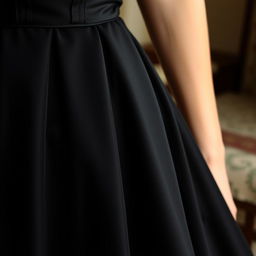 A close-up of an elegant black dress with intricate detailing, showcasing a smooth and luxurious fabric