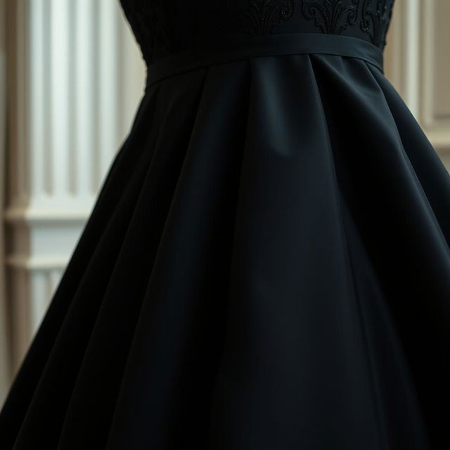 A close-up of an elegant black dress with intricate detailing, showcasing a smooth and luxurious fabric