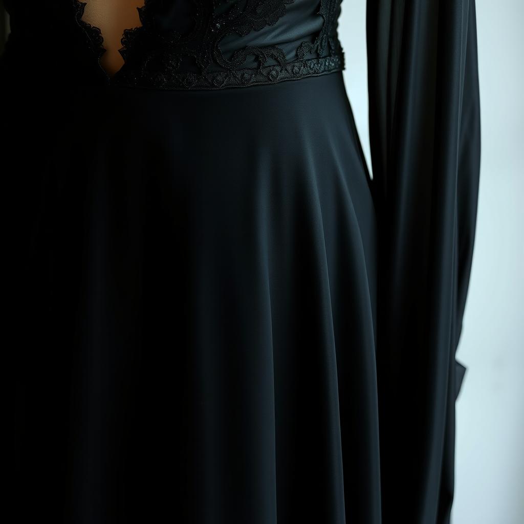 A close-up of an elegant black dress with intricate detailing, showcasing a smooth and luxurious fabric