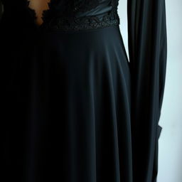 A close-up of an elegant black dress with intricate detailing, showcasing a smooth and luxurious fabric