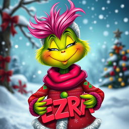 A cute Grinch character with vibrant pink hair, wearing a festive Christmas outfit adorned with traditional holiday colors and patterns