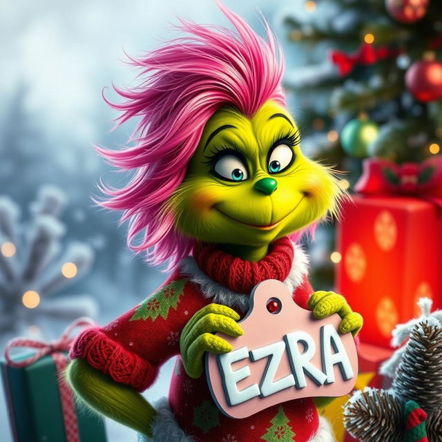 A cute Grinch character with vibrant pink hair, wearing a festive Christmas outfit adorned with traditional holiday colors and patterns