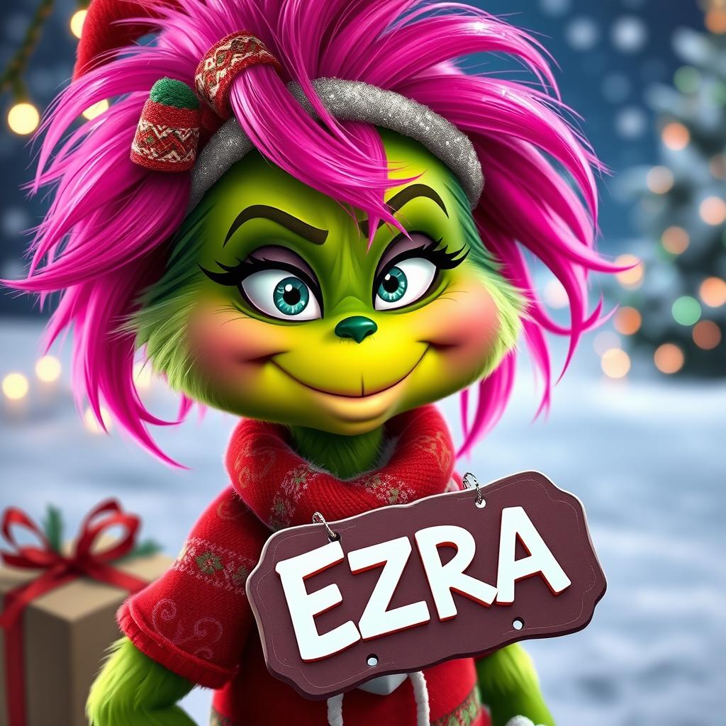 A cute Grinch character with vibrant pink hair, wearing a festive Christmas outfit adorned with traditional holiday colors and patterns