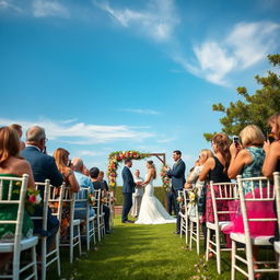 A beautiful outdoor wedding ceremony set in a romantic garden, with rows of elegantly decorated white chairs facing a floral archway adorned with vibrant flowers and greenery
