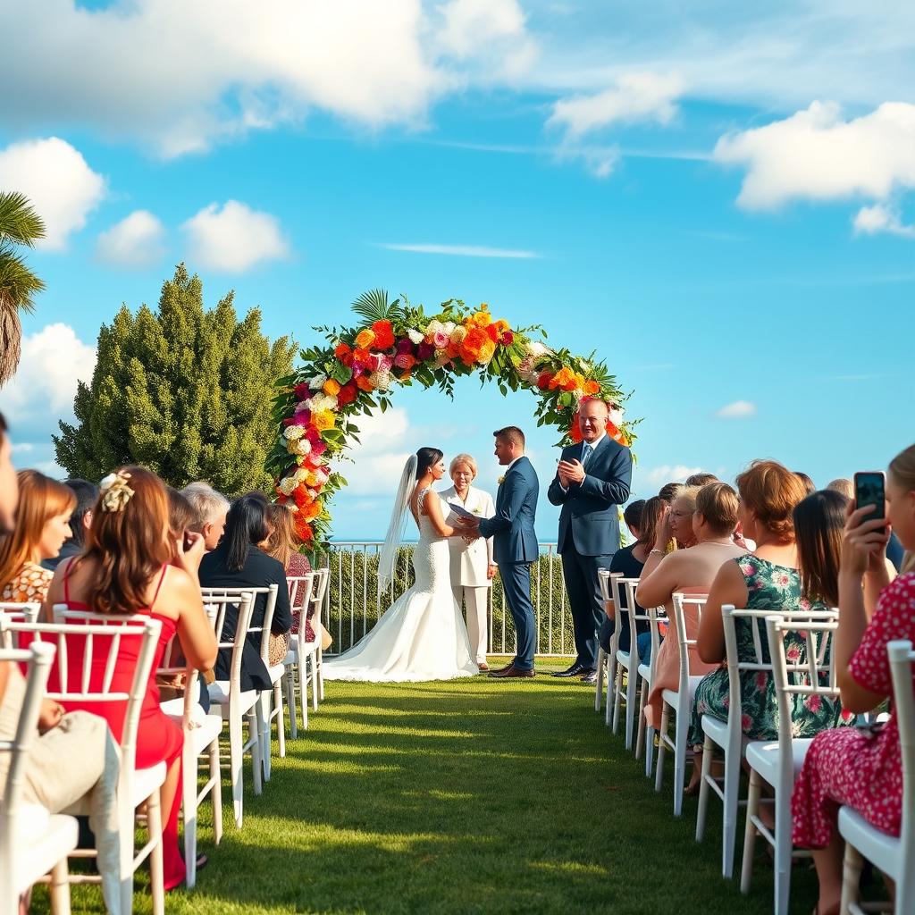 A beautiful outdoor wedding ceremony set in a romantic garden, with rows of elegantly decorated white chairs facing a floral archway adorned with vibrant flowers and greenery