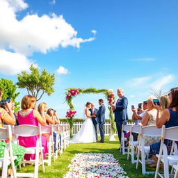 A beautiful outdoor wedding ceremony set in a romantic garden, with rows of elegantly decorated white chairs facing a floral archway adorned with vibrant flowers and greenery