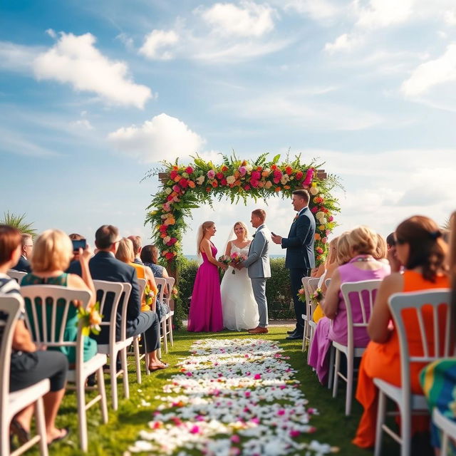 A beautiful outdoor wedding ceremony set in a romantic garden, with rows of elegantly decorated white chairs facing a floral archway adorned with vibrant flowers and greenery