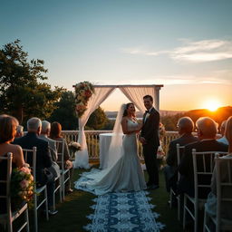 A beautifully decorated wedding ceremony set in an elegant garden with flower arrangements, a white altar draped in lace, and guests seated on white chairs