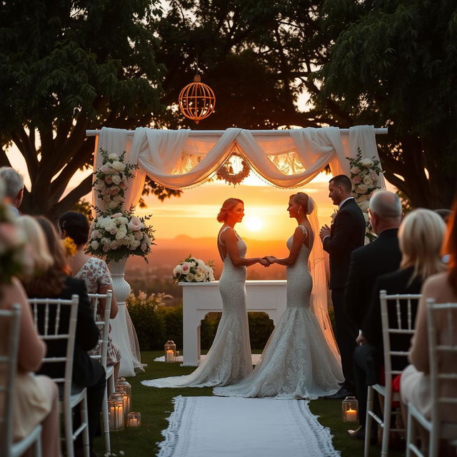 A beautifully decorated wedding ceremony set in an elegant garden with flower arrangements, a white altar draped in lace, and guests seated on white chairs