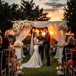 A beautifully decorated wedding ceremony set in an elegant garden with flower arrangements, a white altar draped in lace, and guests seated on white chairs