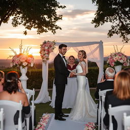 A beautifully decorated wedding ceremony set in an elegant garden with flower arrangements, a white altar draped in lace, and guests seated on white chairs