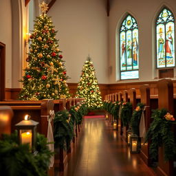 A serene and beautifully decorated church interior for a Christmas Sunday service