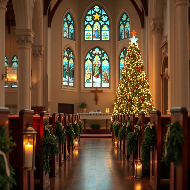 A serene and beautifully decorated church interior for a Christmas Sunday service