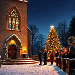 A beautiful Christmas church scene, featuring a traditional stone church adorned with festive decorations, illuminated by warm golden lights