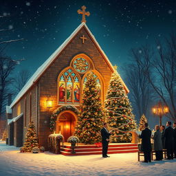 A beautiful Christmas church scene, featuring a traditional stone church adorned with festive decorations, illuminated by warm golden lights