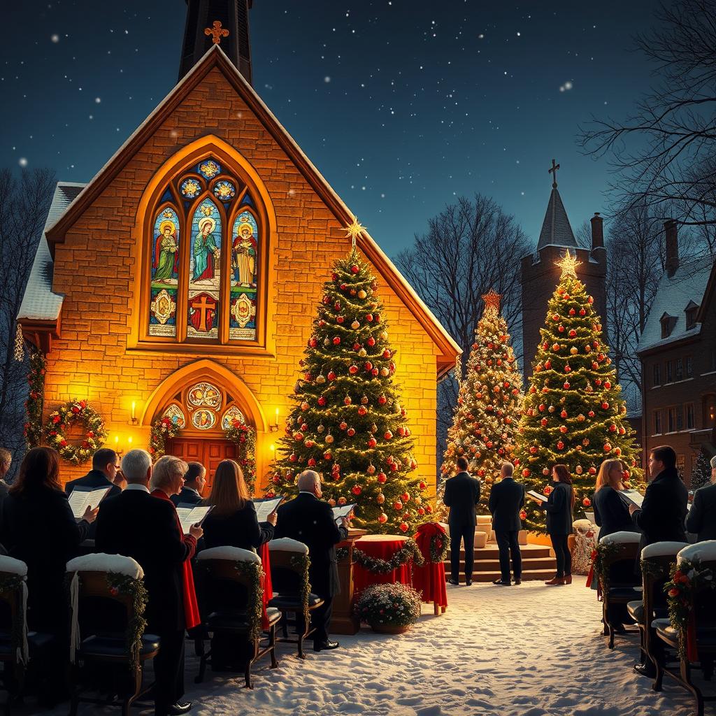 A beautiful Christmas church scene, featuring a traditional stone church adorned with festive decorations, illuminated by warm golden lights