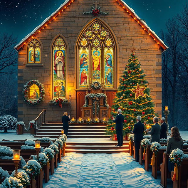 A beautiful Christmas church scene, featuring a traditional stone church adorned with festive decorations, illuminated by warm golden lights