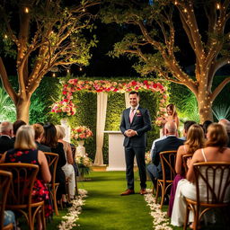 A beautifully decorated wedding ceremony setup in an elegant garden, featuring a charming host standing confidently with a warm smile