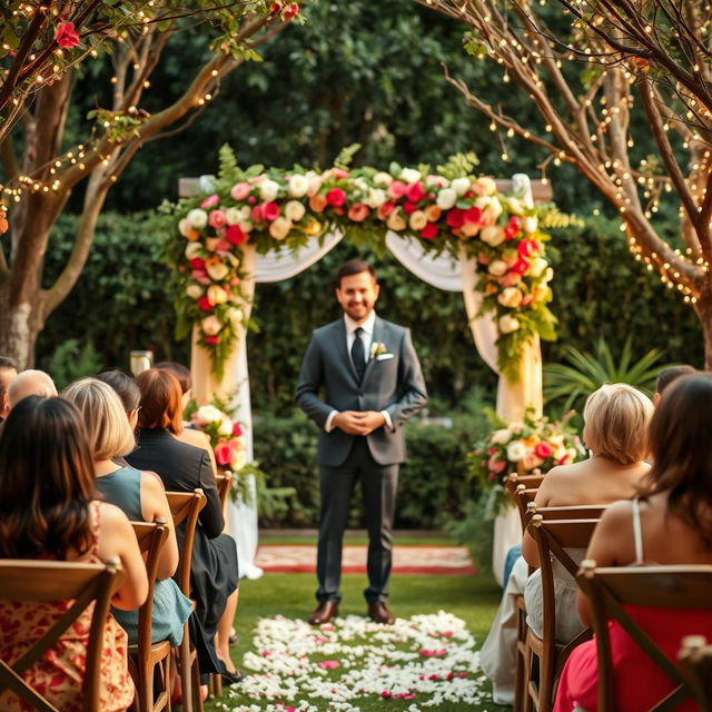 A beautifully decorated wedding ceremony setup in an elegant garden, featuring a charming host standing confidently with a warm smile