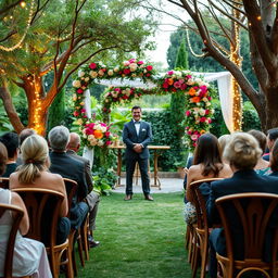 A beautifully decorated wedding ceremony setup in an elegant garden, featuring a charming host standing confidently with a warm smile